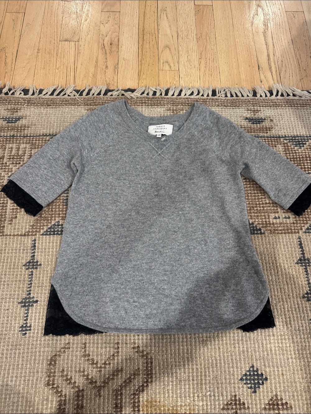 Robert Rodriguez Gray Knit Top with lace black Trim 100% cashmere